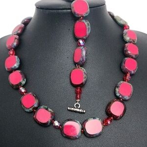 Vintage Art Glass Bead Necklace & Bracelet Set Red Square Beads Silver Tone